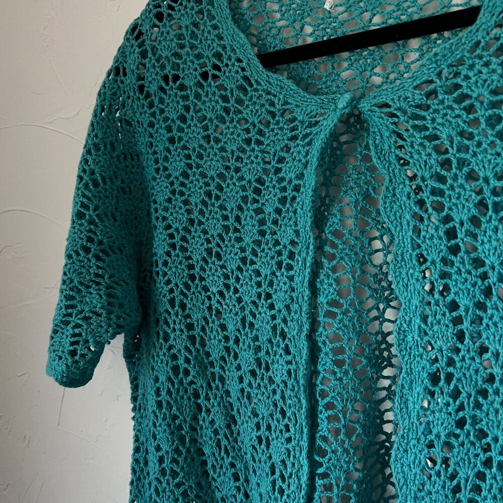 Teal Crochet Short Sleeve Open Knit One Button Cardigan Boho Beachy y2k Coastal - Picture 3 of 7